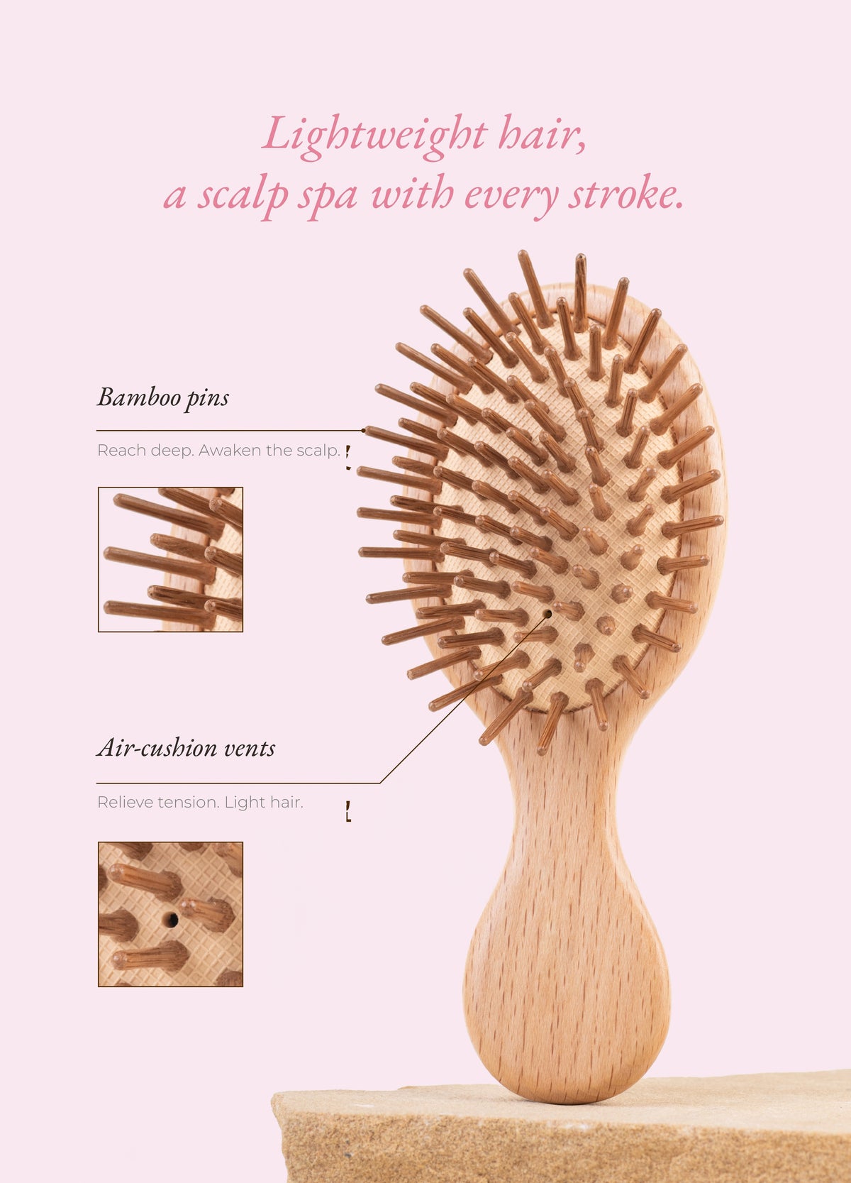 Back view of CLARITY artisan beech wooden cushion hairbrush ergonomic handle HERRITE